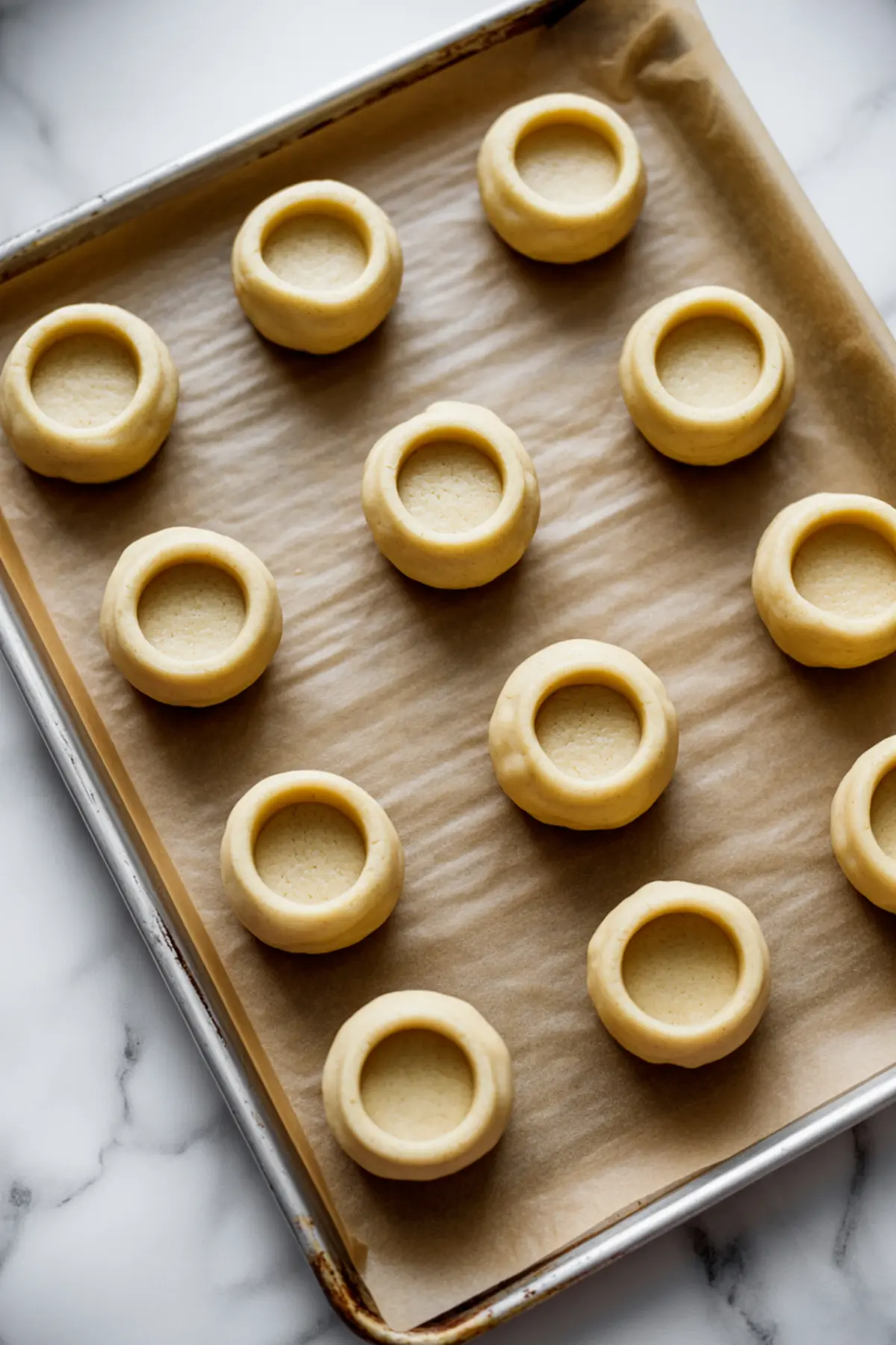 Cookie dough rounds with wells pressed into the centers on a parchment-lined baking sheet for peach cobbler cookies.