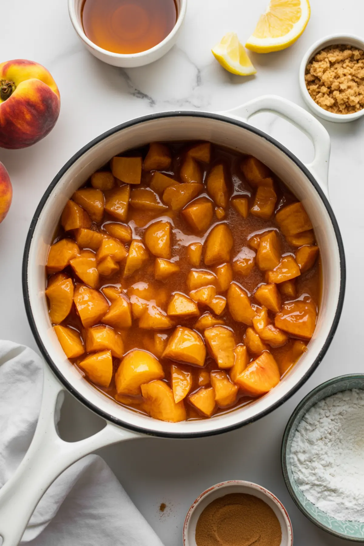 Diced peach filling cooked in a saucepan with cinnamon and brown sugar for the centers of peach cobbler cookies.