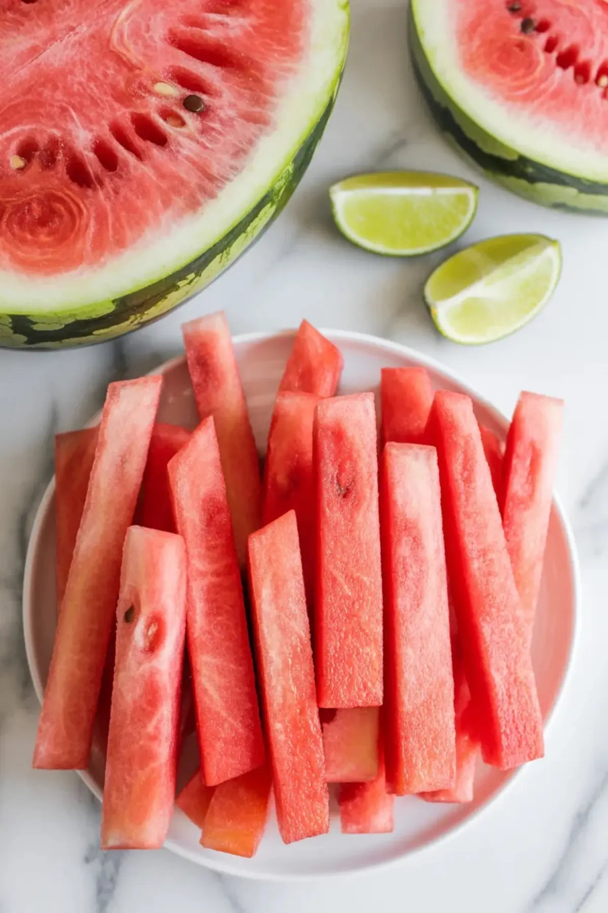 Fresh watermelon cut into long fry shaped sticks on a white plate with watermelon wedges and lime pieces nearby.