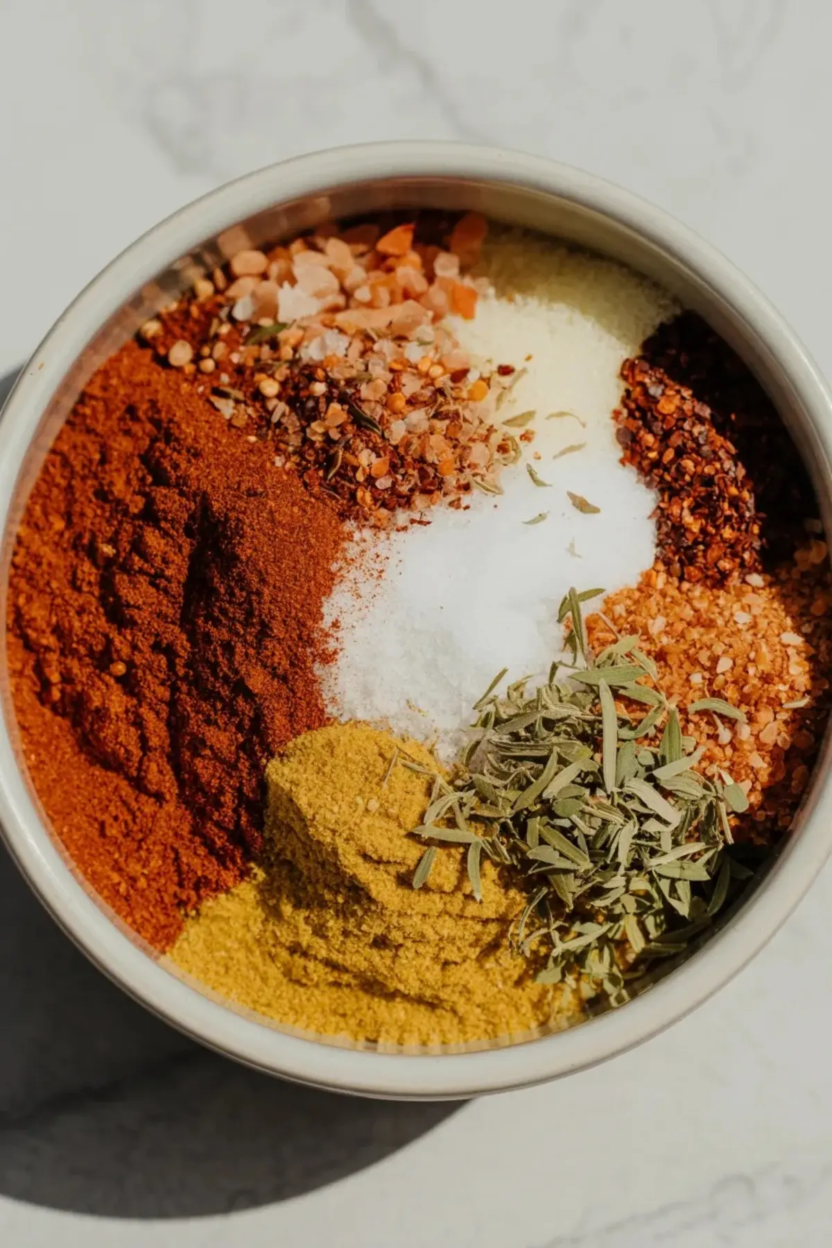 Close-up bowl of chili lime seasoning with chili powder, Tajin, salt, lime zest, and herbs for spicy watermelon fries.