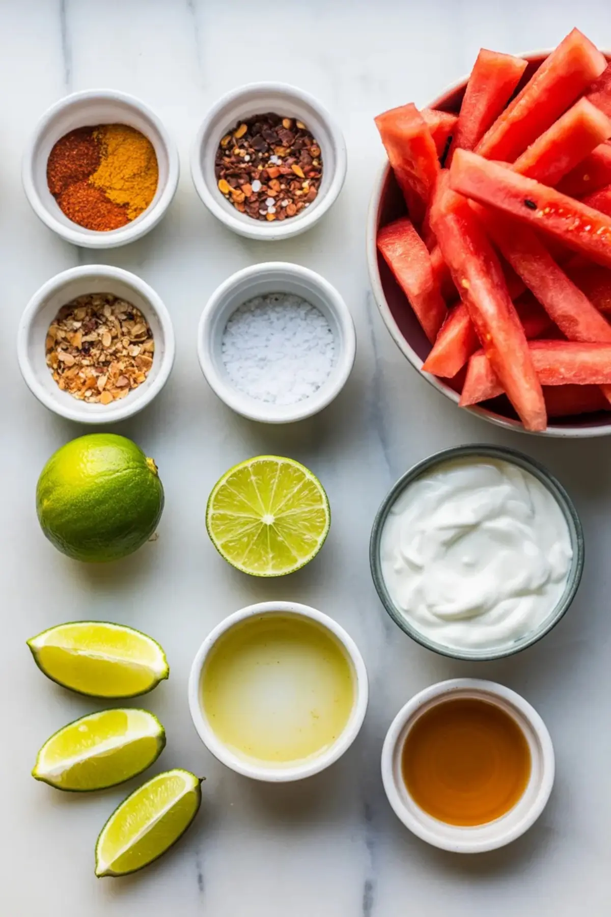 Overhead ingredient setup for spicy watermelon fries with watermelon sticks, lime wedges, yogurt, honey, lime juice, chili powder, Tajin, and salt.