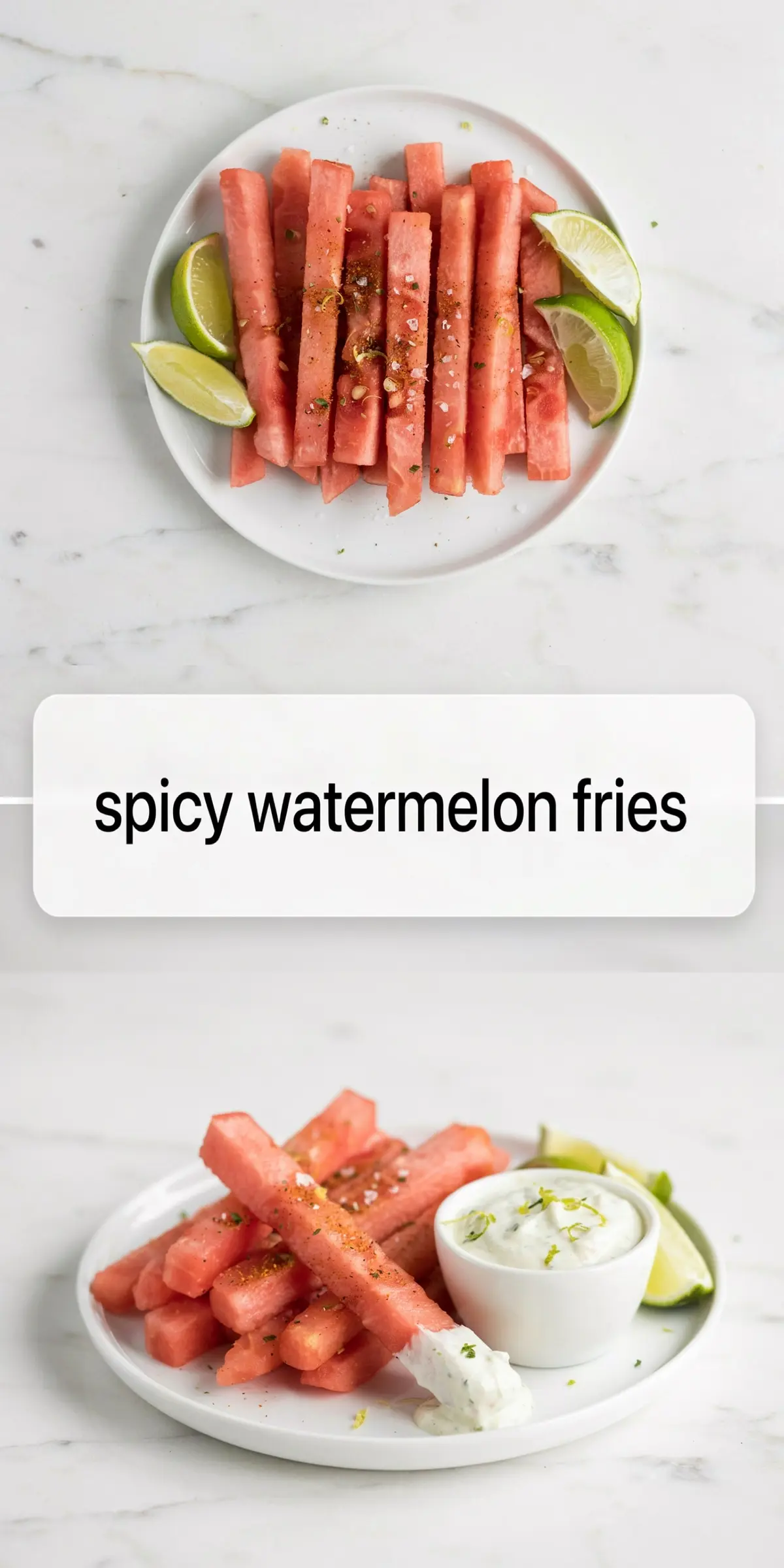 Tall spicy watermelon fries collage with watermelon sticks, lime wedges, creamy dip, chili seasoning, and recipe title text.