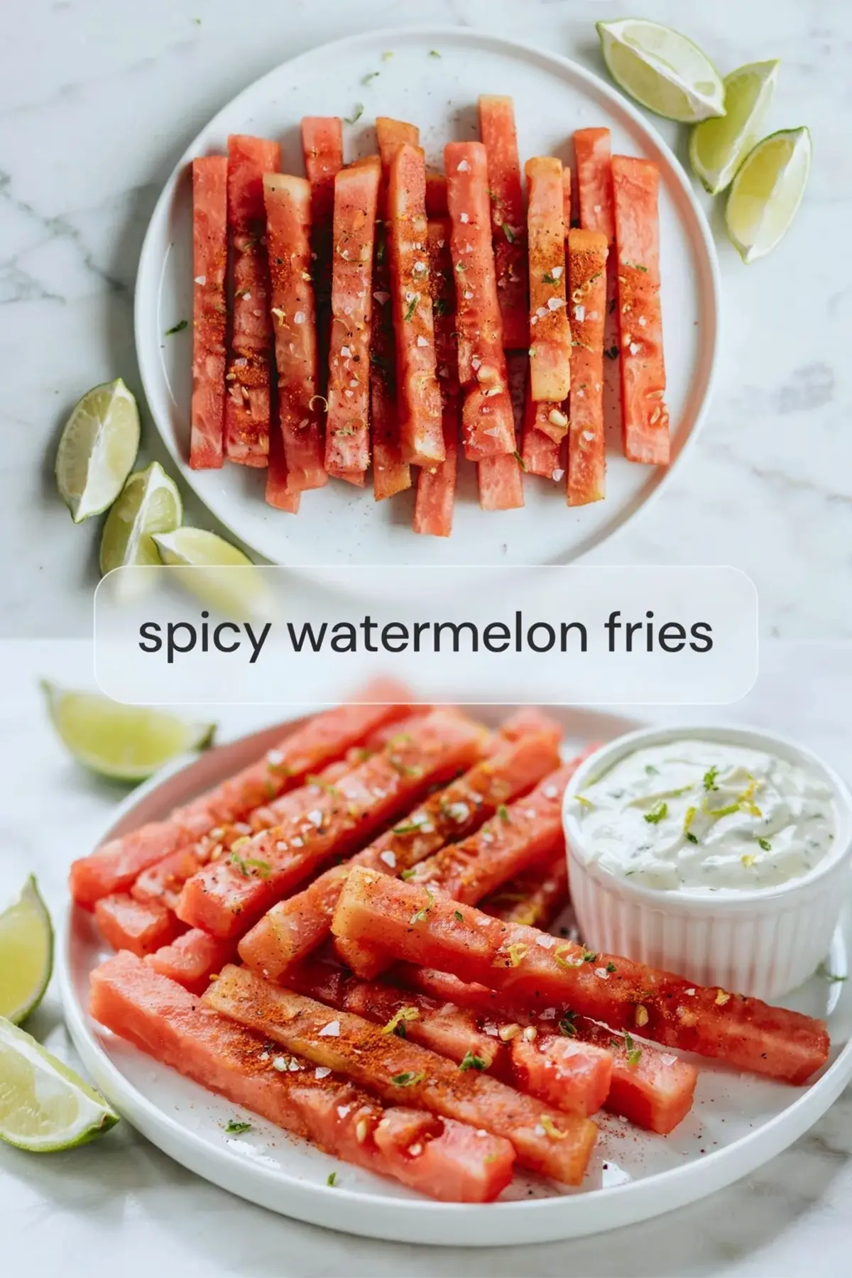 Plate of spicy watermelon fries dusted with chili lime seasoning and served with lime wedges on white marble.