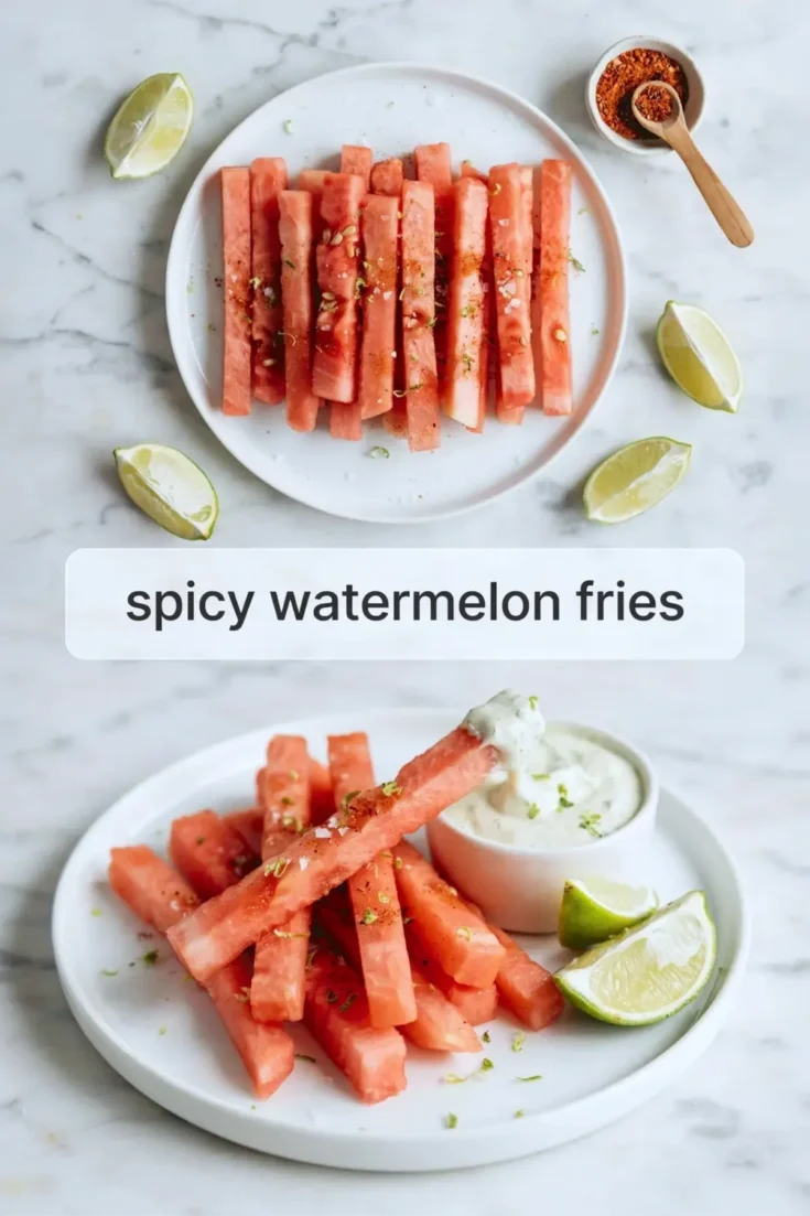 Spicy watermelon fries arranged on a white plate with lime wedges, chili seasoning, yogurt dip, and recipe title text on a white marble background.