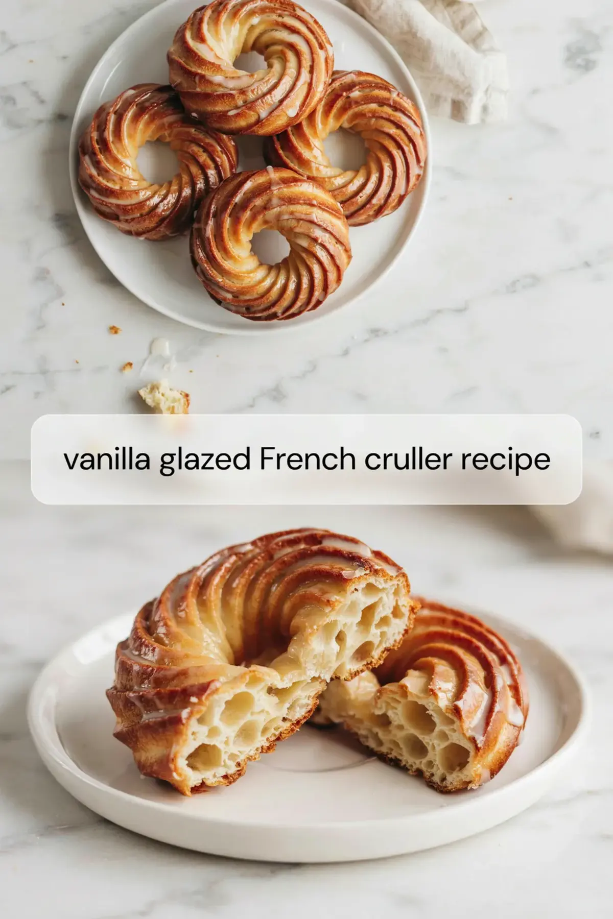 Finished vanilla glazed French crullers with a cut cruller showing the honeycomb interior.