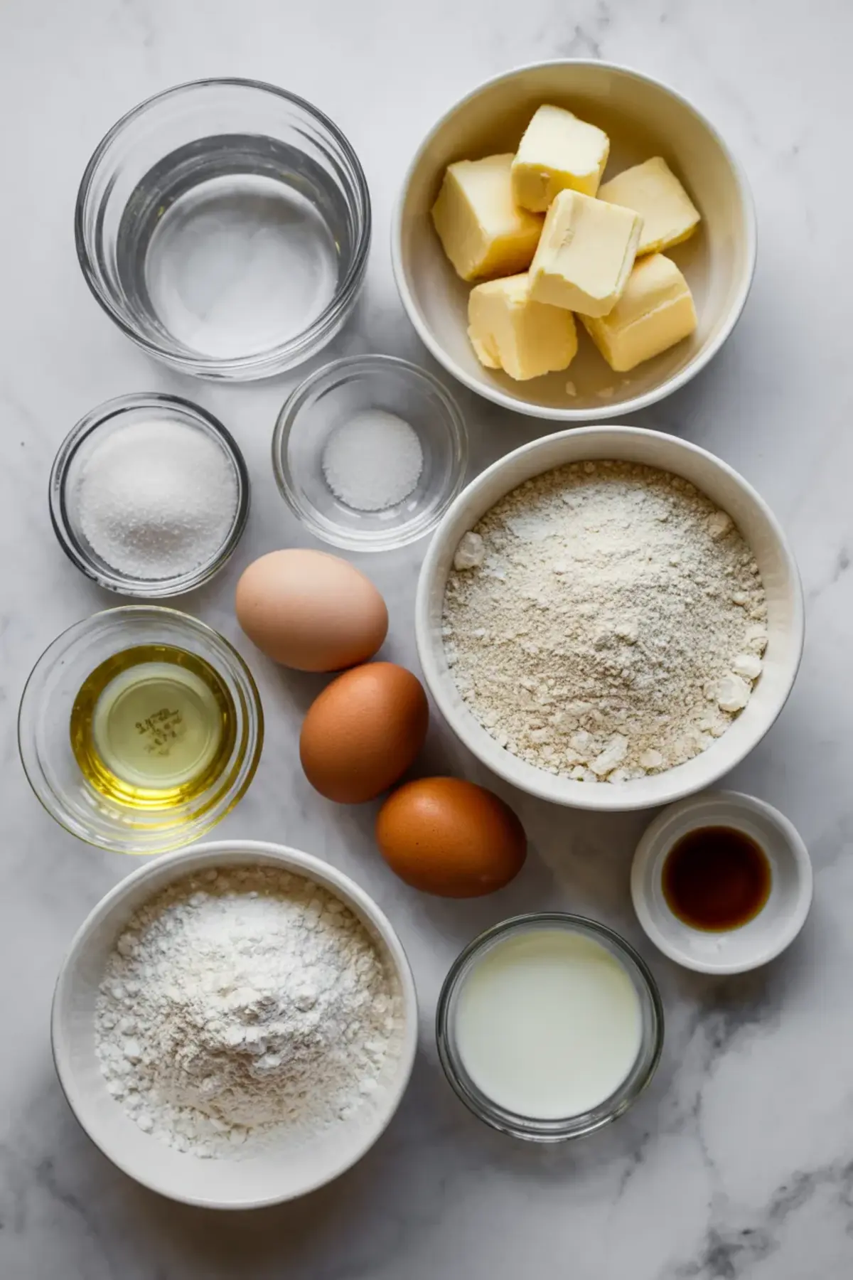 Ingredients for vanilla glazed French crullers arranged with flour, butter, eggs, milk, vanilla, water, sugar, salt, and oil.