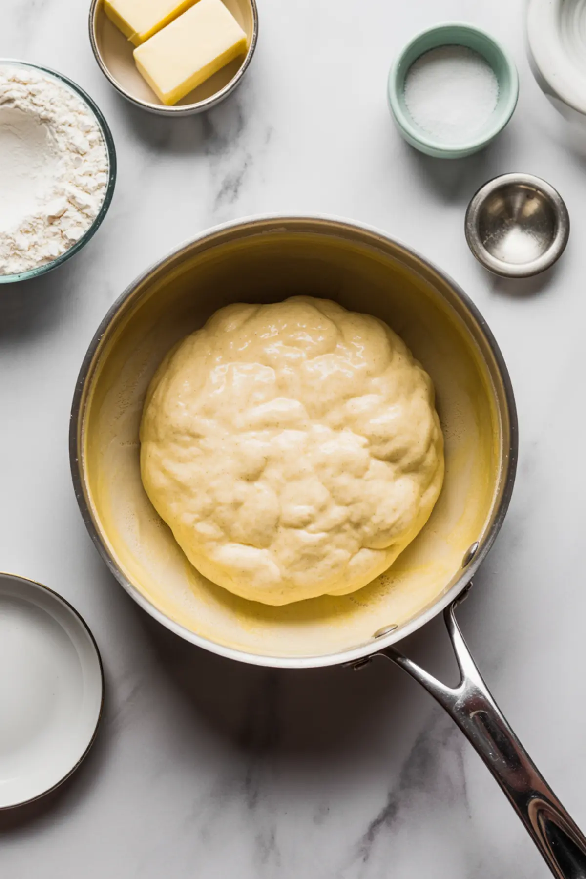 Choux dough cooked in a saucepan for French crullers before the eggs are mixed in.