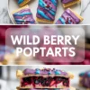 Wild berry Pop Tarts with purple glaze, blue drizzle, sprinkles, and mixed berry filling inside.