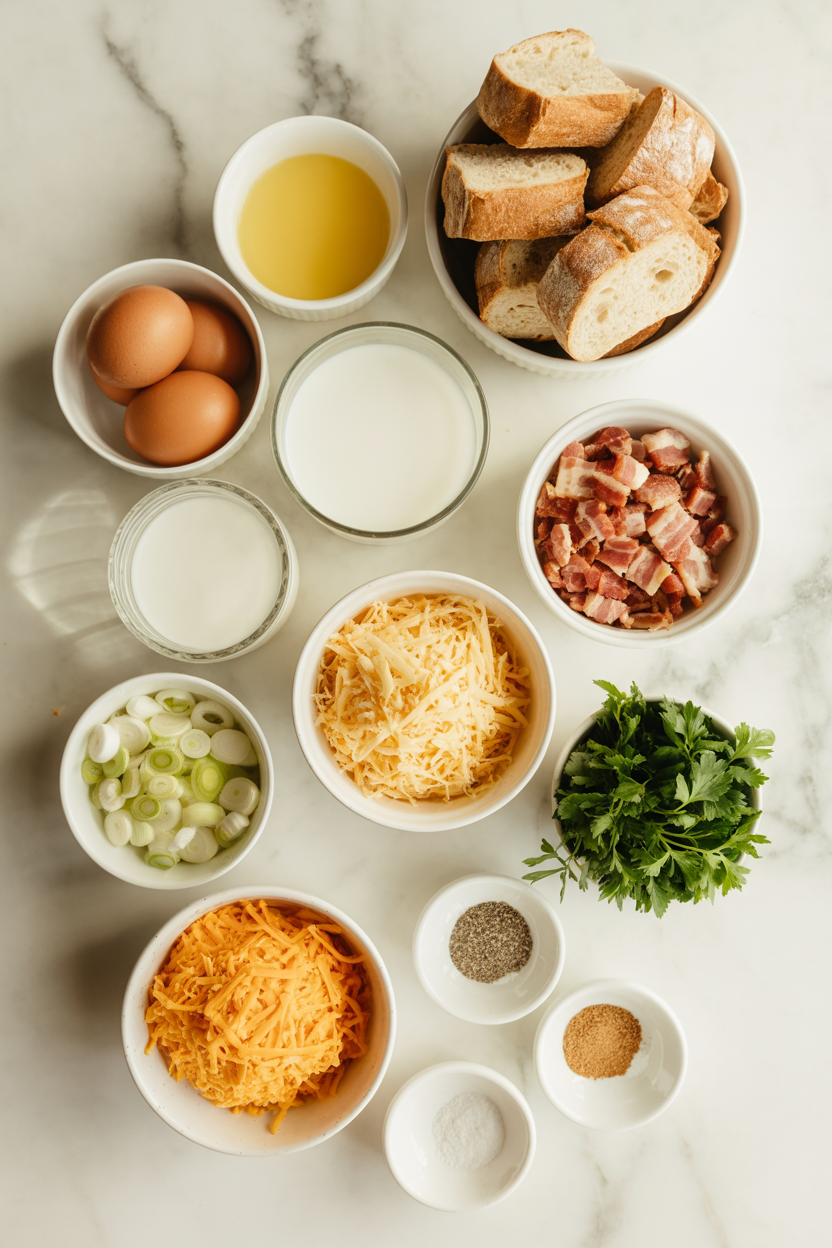 Ingredients for savory bread pudding in bowls: French bread cubes, eggs, milk, cream, bacon, shredded Gruyère and cheddar, green onions, parsley and spices.