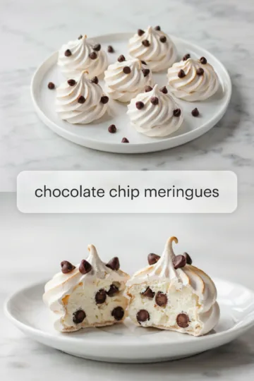 Chocolate chip meringues piped in tall swirls on a white plate, above two meringues broken open to show an airy white center full of mini chocolate chips.