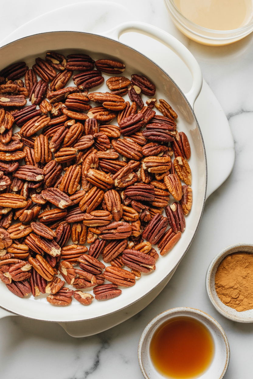 Pecan halves spread in a white skillet for dry toasting, with small bowls of ground cinnamon and amber maple syrup on the marble beside it.