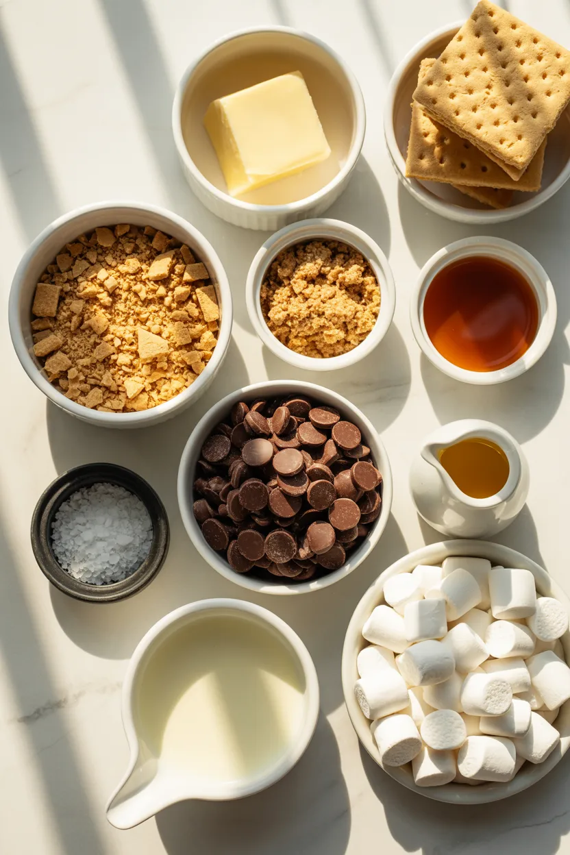 Ingredients for s'mores fudge bars: graham crackers and crumbs, butter, brown sugar, chocolate chips, vanilla, salt, condensed milk and marshmallows.