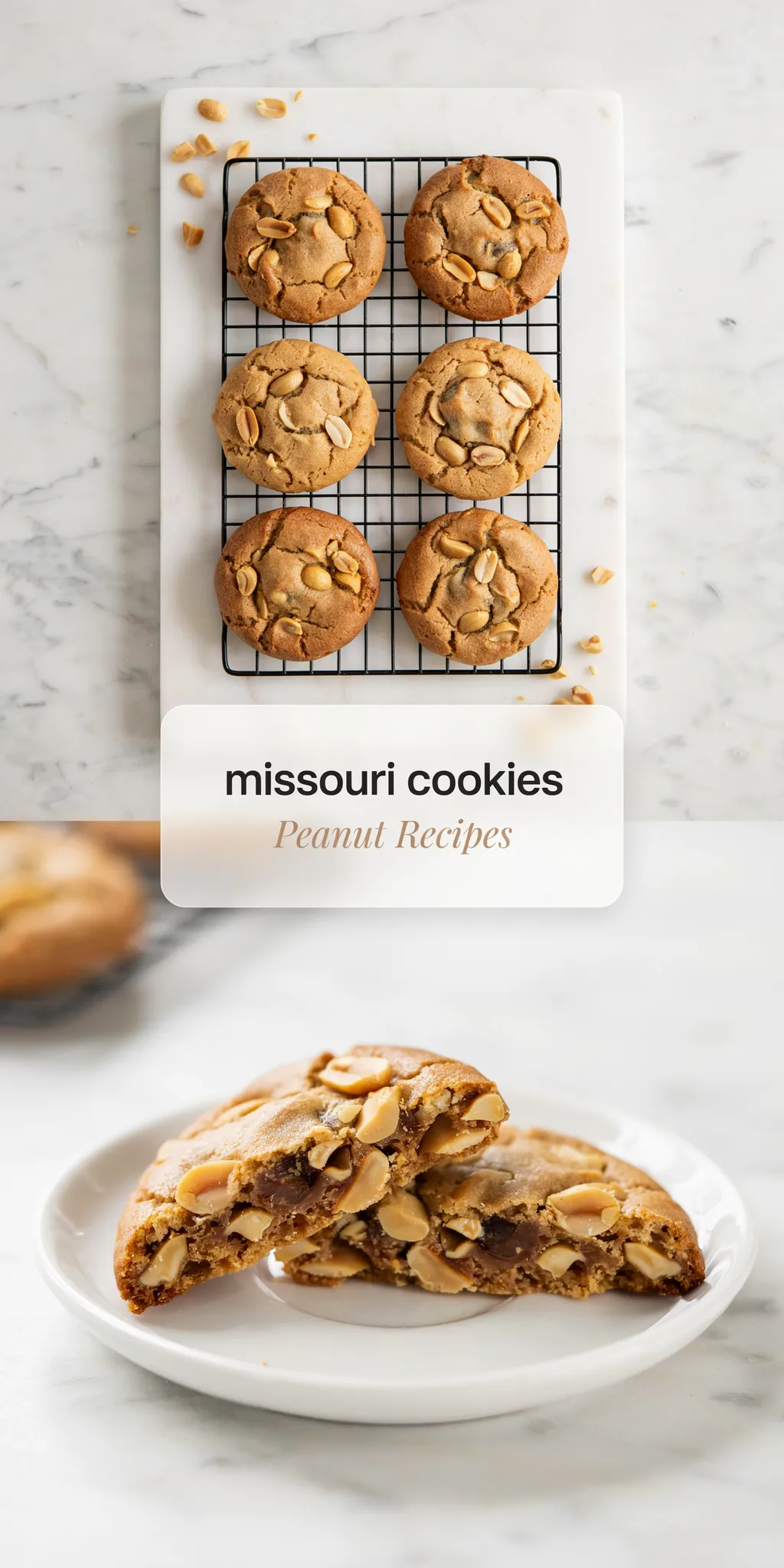 Collage of six roasted peanut cookies on a black cooling rack and a halved cookie on a white plate with peanut pieces in the crumb.