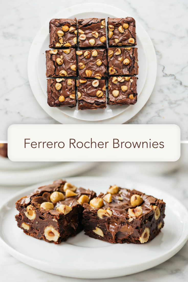 Ferrero Rocher brownies cut into squares on a white plate, topped with melted chocolate and roasted hazelnuts, above two thick brownies on a plate.
