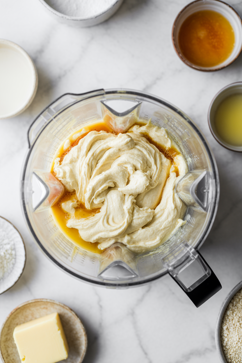 Cottage cheese, eggs, honey and melted butter blended until smooth and creamy in a blender jar, with oats and a block of butter on the counter.