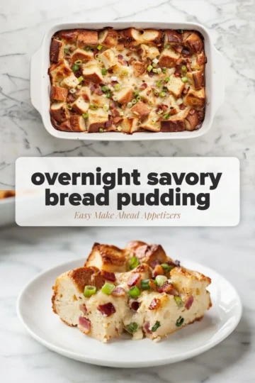 Overnight savory bread pudding baked golden in a white dish with bacon and green onions, above a square slice on a plate showing a soft, cheesy center.