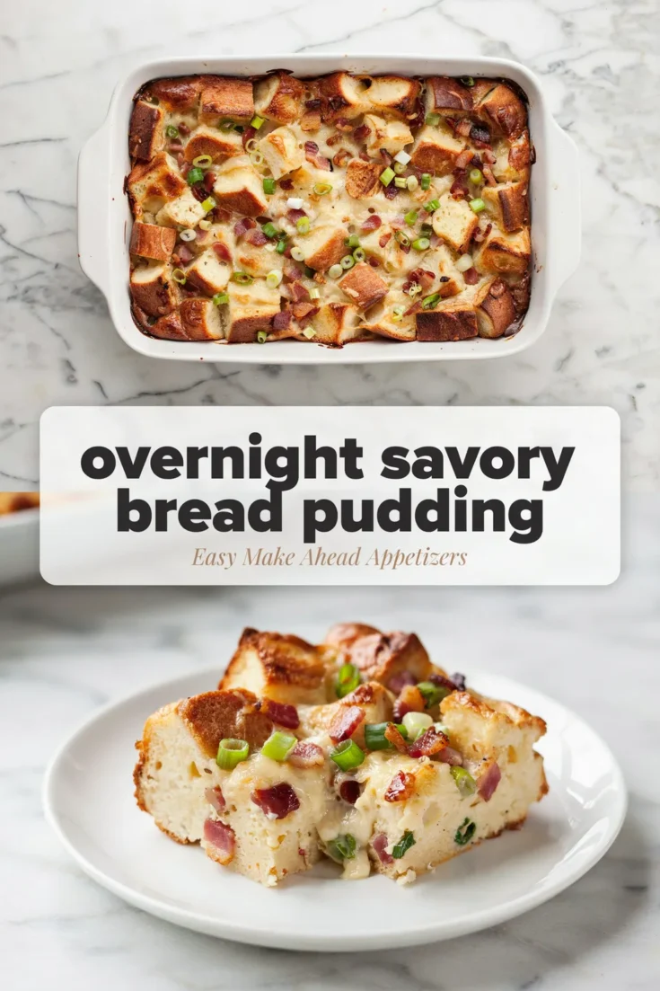 Overnight savory bread pudding baked golden in a white dish with bacon and green onions, above a square slice on a plate showing a soft, cheesy center.