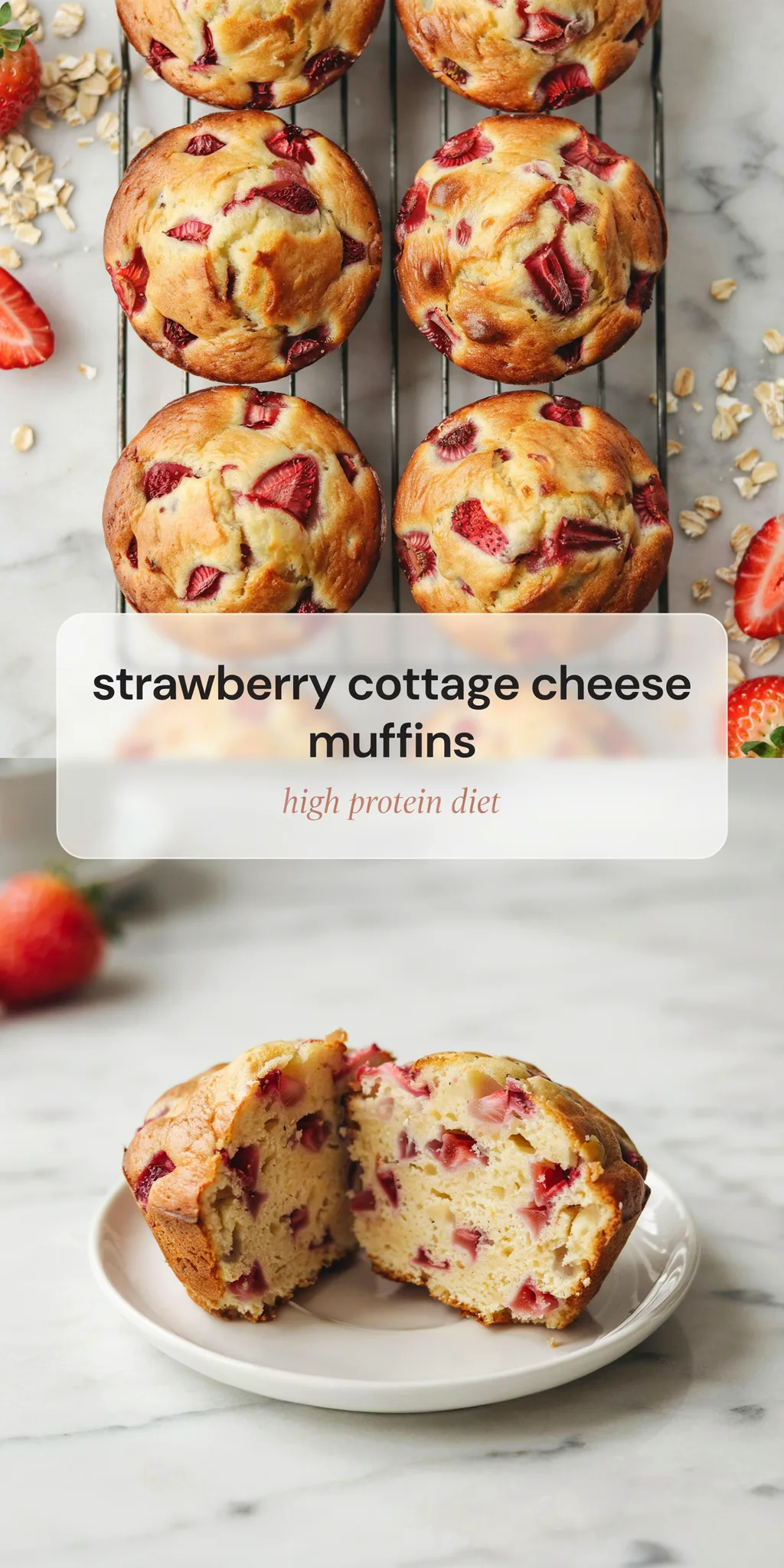 Collage of golden strawberry muffins dotted with red berry pieces on a wire rack and a halved muffin on a plate with a moist, tender crumb.