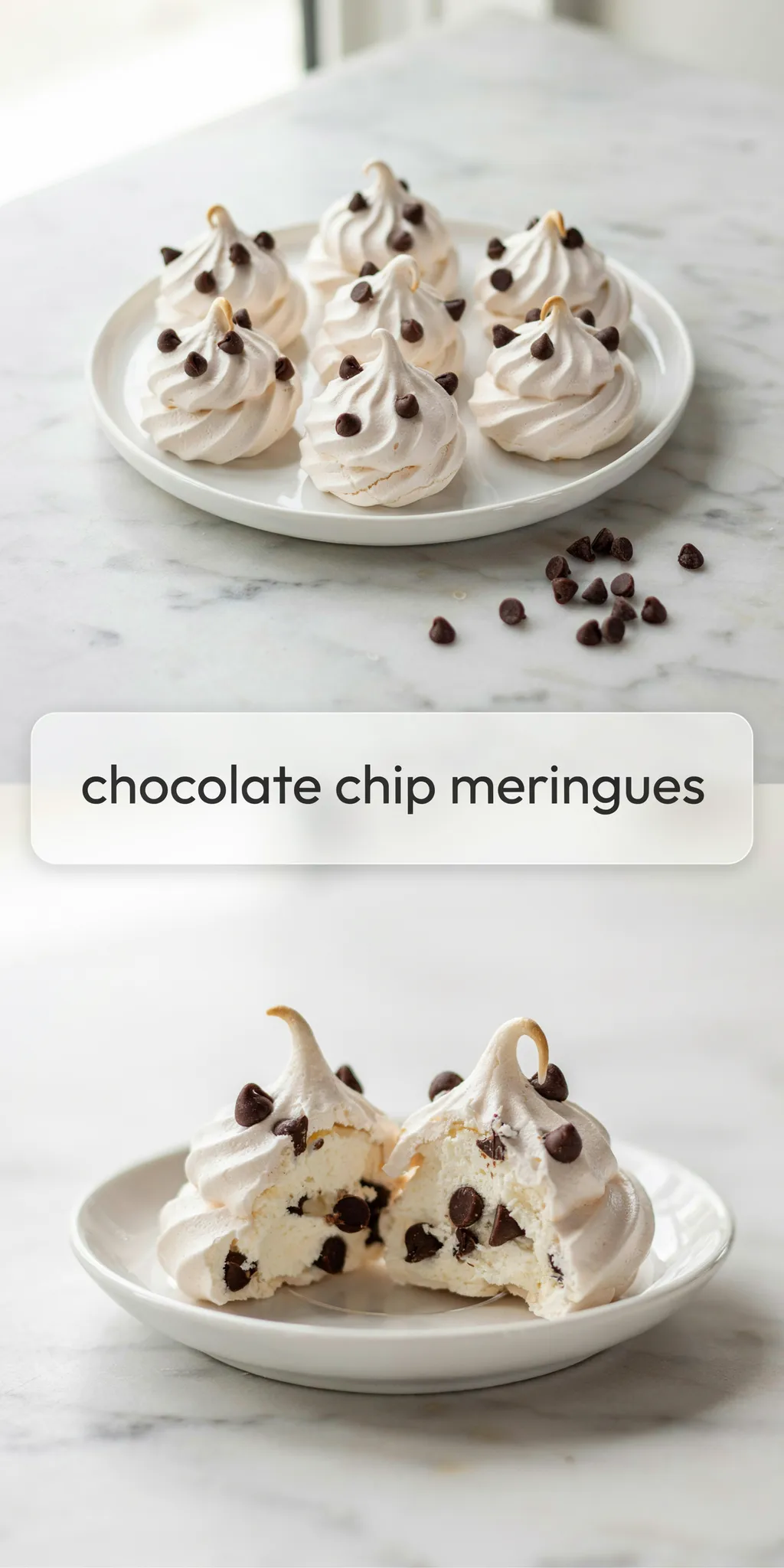 Collage of chocolate chip meringue cookies piled on a white plate and a meringue split in half with mini chocolate chips in its crisp white center.