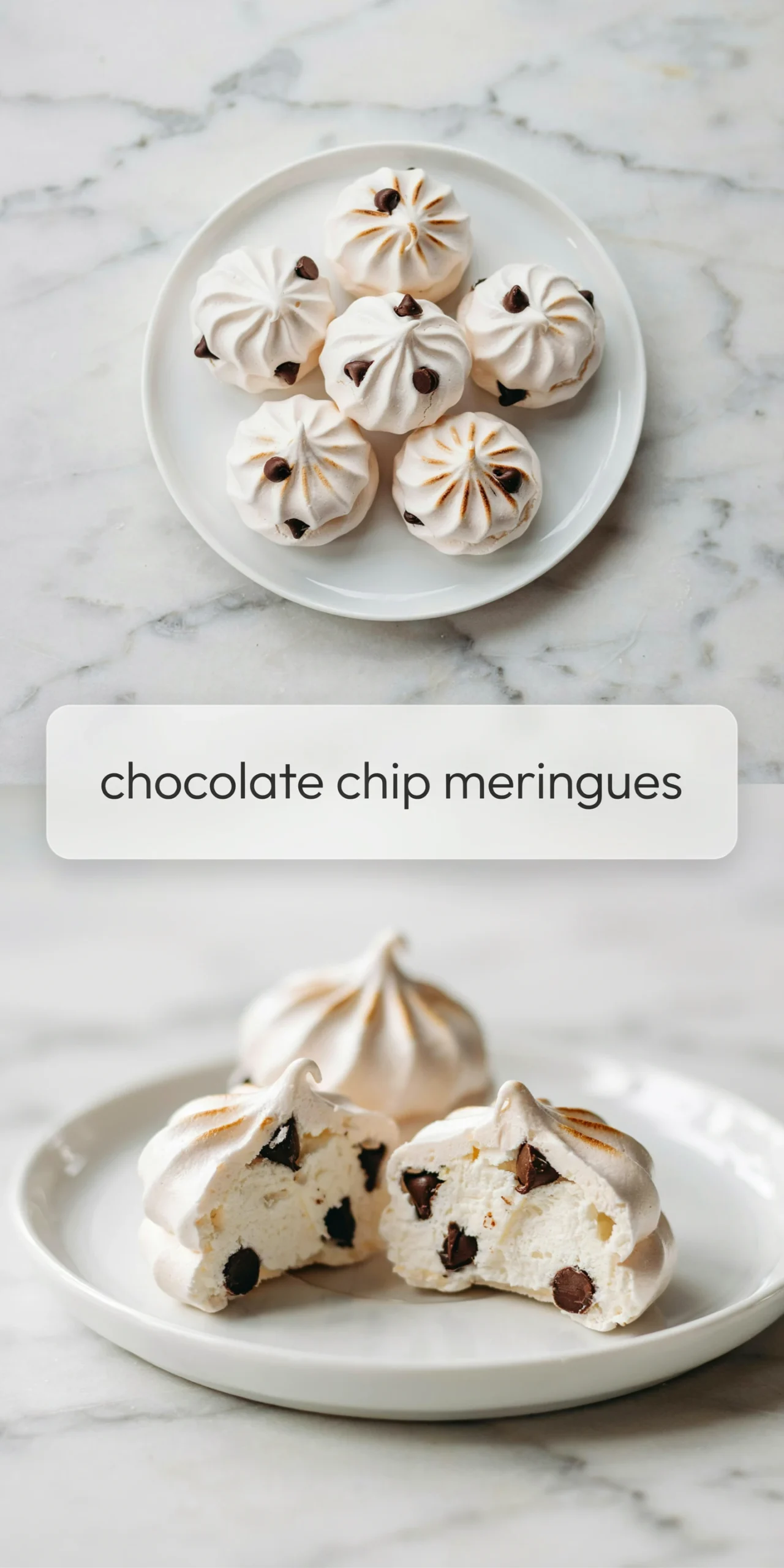 Collage of six chocolate chip meringues on a small plate seen from above and two meringue cookies cut open to show mini chocolate chips inside.
