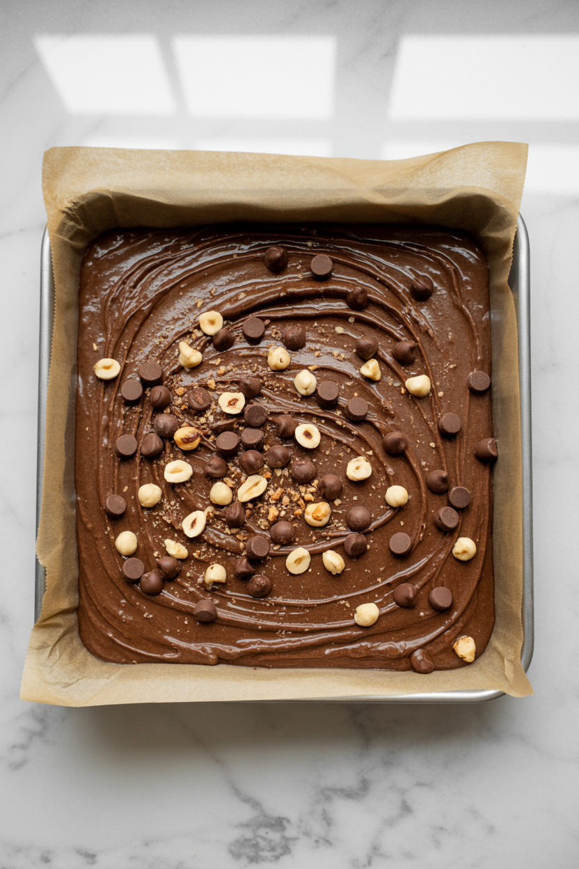 Brownie batter spread in a parchment lined square pan, scattered with chocolate chips and whole roasted hazelnuts before baking.