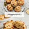 Pumpkin biscuits with spiced pumpkin filling on white plates, with whole flaky biscuits and pepitas above and a split biscuit showing the orange filling below.