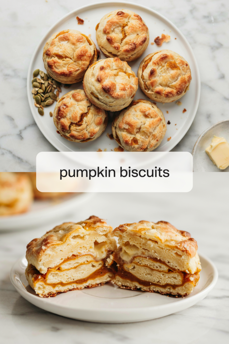 Pumpkin biscuits with spiced pumpkin filling on white plates, with whole flaky biscuits and pepitas above and a split biscuit showing the orange filling below.
