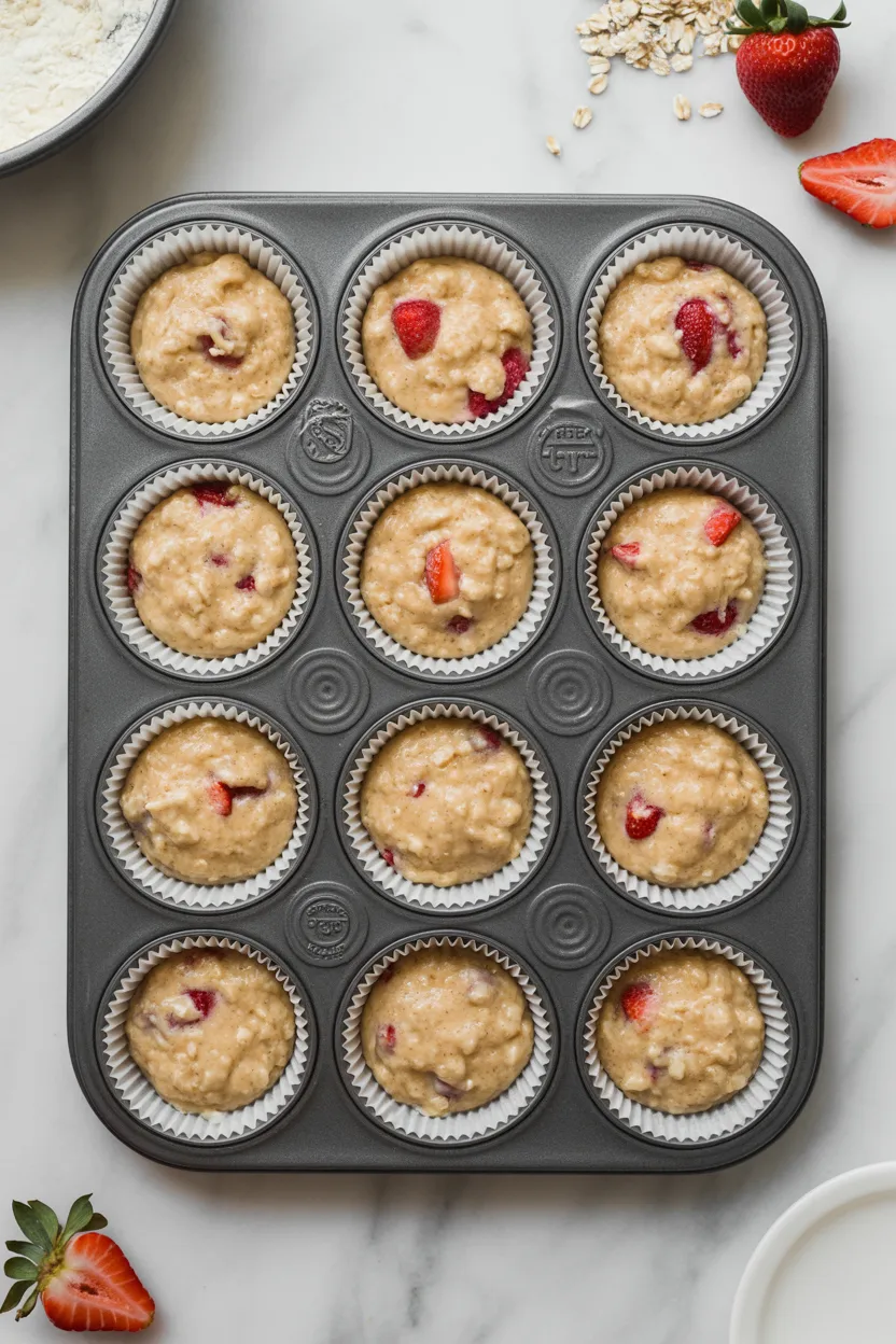 A 12 cup muffin tin lined with paper liners and filled three quarters full with oat batter studded with diced strawberries, ready to bake.