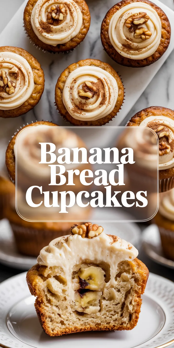 Collage of banana bread cupcakes with piped cream cheese frosting, walnut halves, and cinnamon, and a split cupcake on a plate with banana inside.