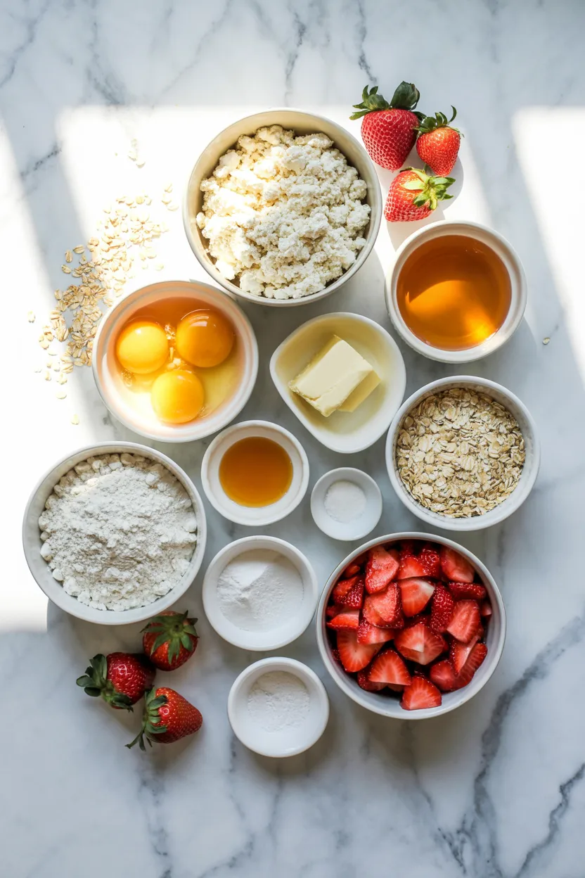 Muffin ingredients in white bowls: cottage cheese, eggs, honey, butter, rolled oats, flour, vanilla, baking powder, salt and diced fresh strawberries.