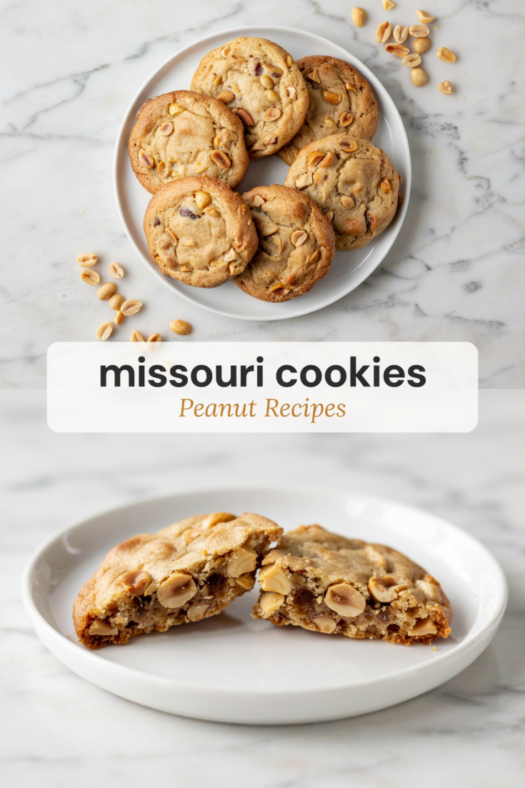 Missouri cookies stacked on a white plate with chopped peanuts scattered around, above a broken cookie showing a chewy center full of roasted peanuts.