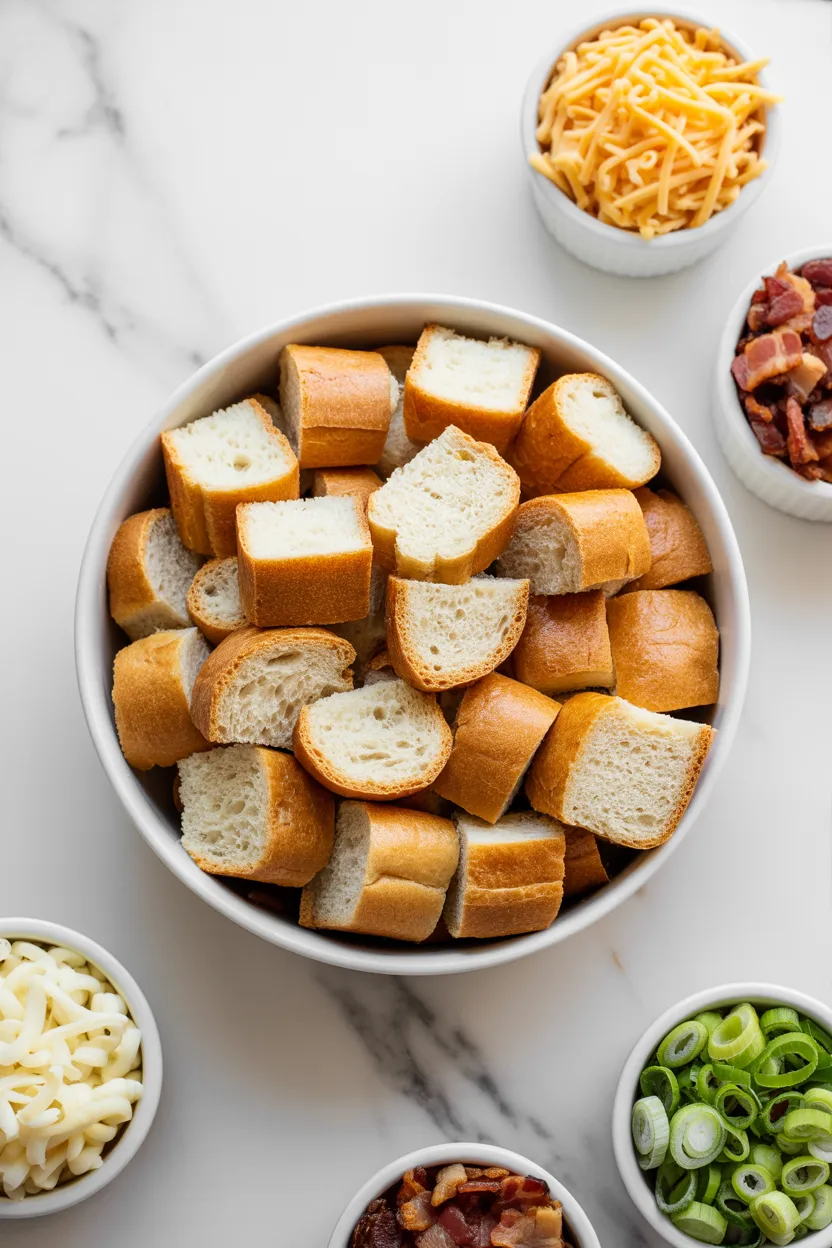 A large bowl of cubed crusty French bread surrounded by small bowls of shredded cheese, chopped cooked bacon and sliced green onions.