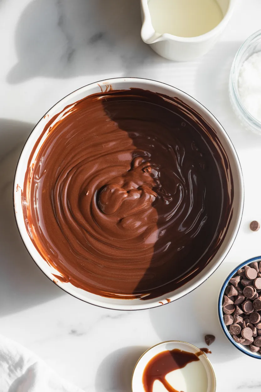 Smooth, glossy chocolate fudge made from melted chocolate chips and sweetened condensed milk in a white bowl, with extra chips on the side.