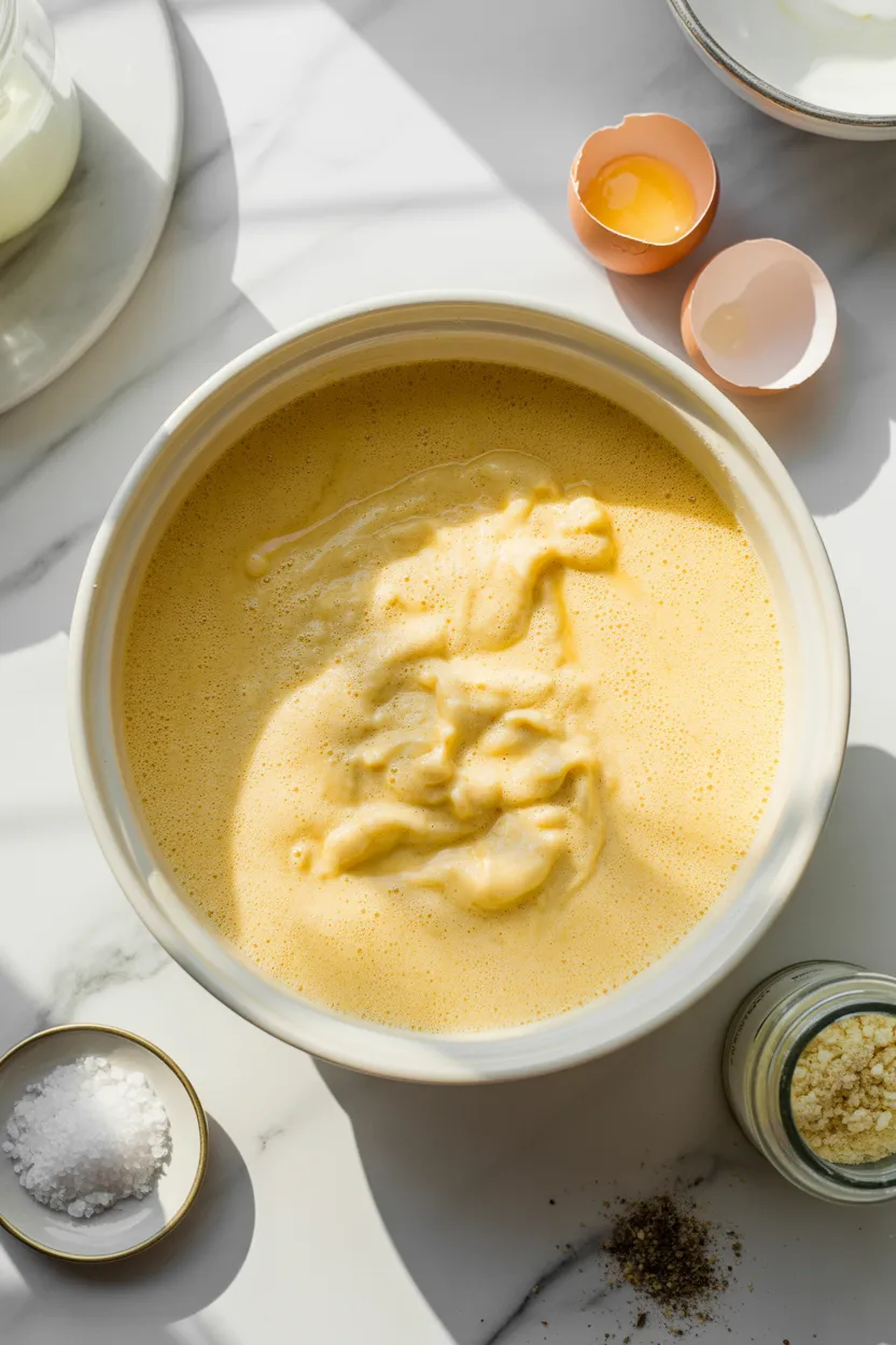 Egg and milk custard whisked in a white bowl with cracked eggshells, salt and pepper beside it, ready to pour over the bread cubes.