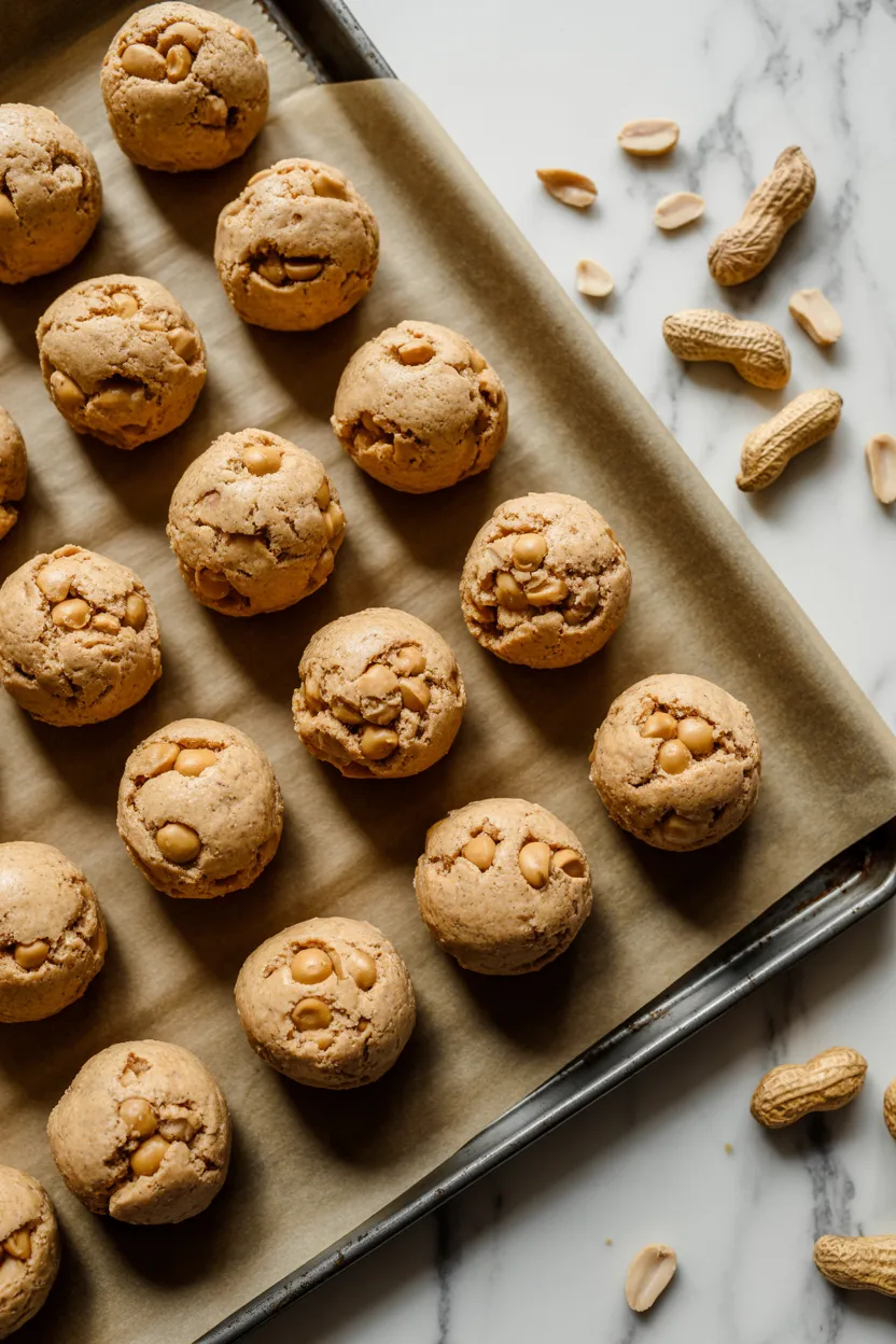 Rows of peanut cookie dough balls on a parchment lined baking sheet, ready for the oven, with whole peanuts in the shell on the marble counter.