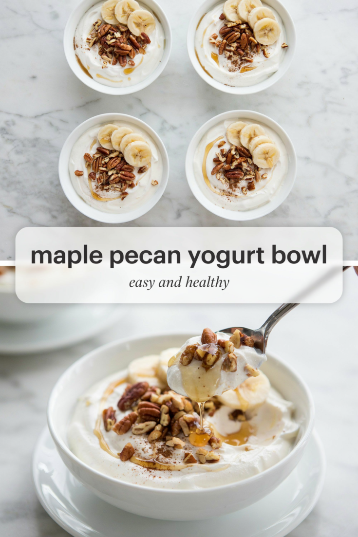 Maple pecan yogurt bowl with a spoon lifting Greek yogurt, toasted pecans, and maple syrup, with four small bowls topped with banana slices above.