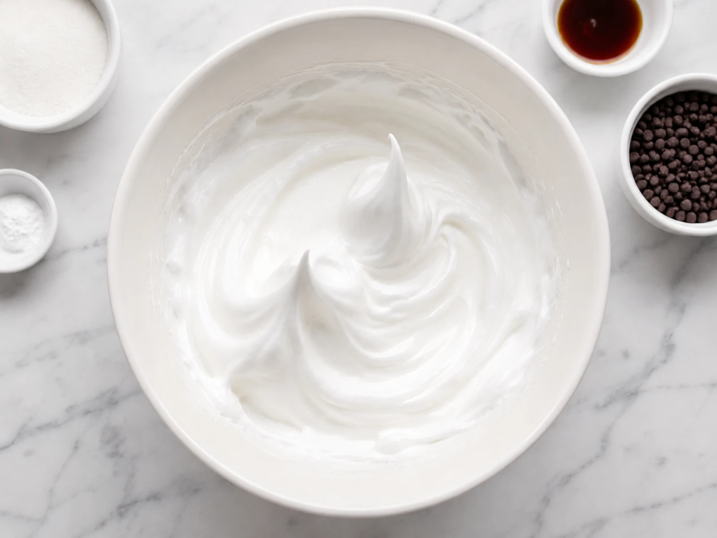 Thick, glossy meringue whipped to stiff peaks in a white bowl, next to small bowls of mini chocolate chips, sugar and vanilla.
