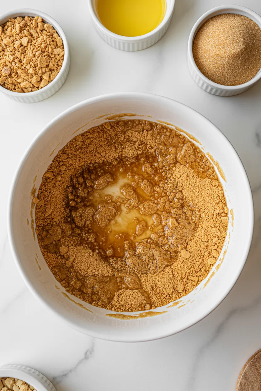 Graham cracker crumbs and melted butter being stirred together in a white bowl for a no-bake crust, with brown sugar and more crumbs nearby.