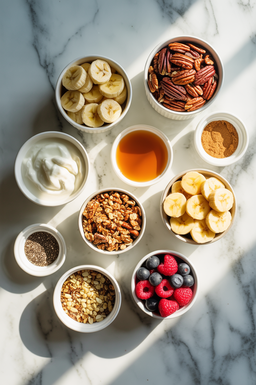 Ingredients for a maple pecan yogurt bowl in white bowls on marble: Greek yogurt, sliced bananas, pecans, maple syrup, cinnamon, chia seeds, granola, and berries.