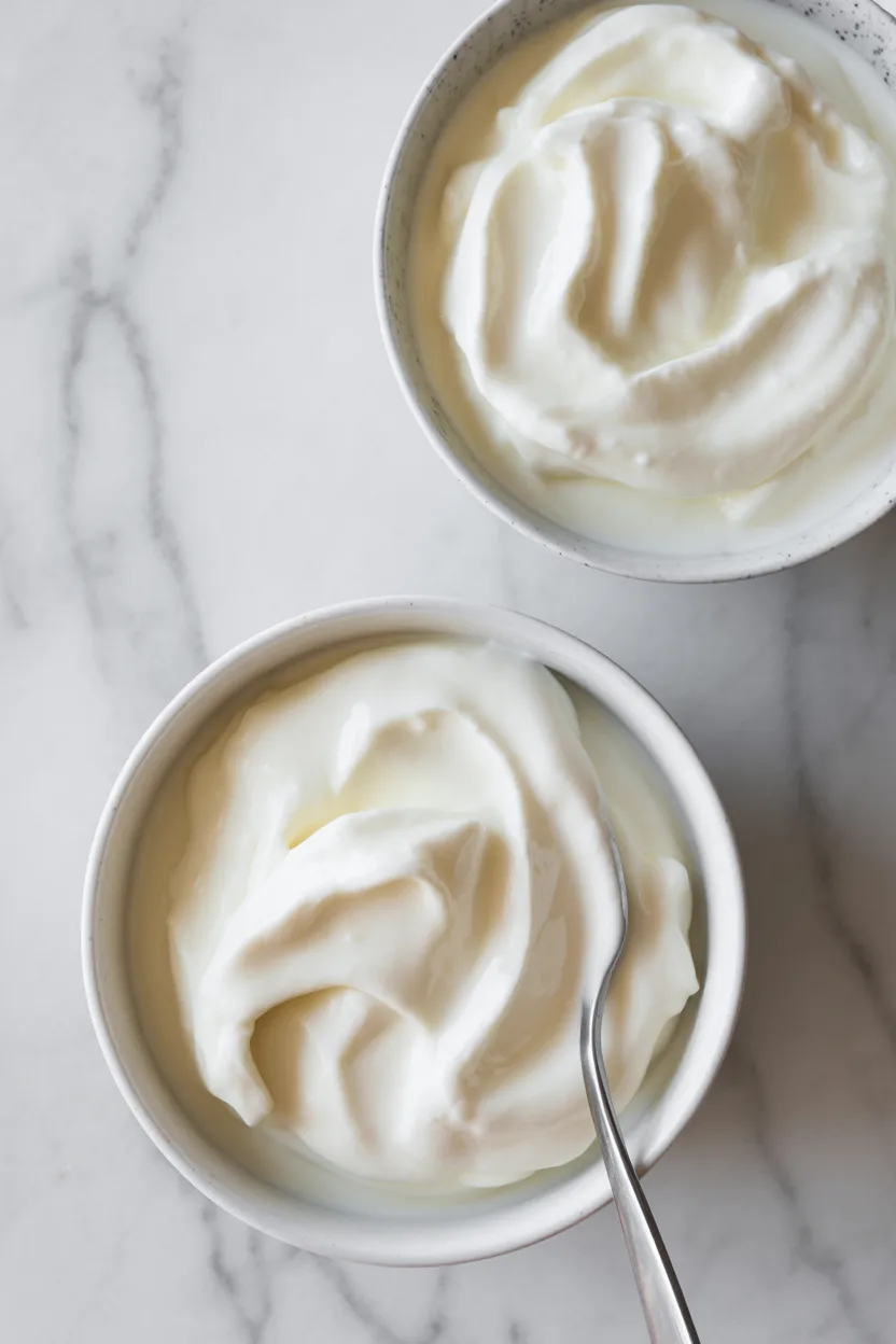 Two white bowls of thick plain Greek yogurt swirled with the back of a spoon on a white marble counter, ready for the toppings.
