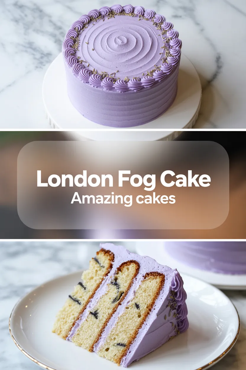 Collage of a round London fog cake with a swirled lavender buttercream top on a cake stand, and a tall slice of Earl Grey layer cake on a plate.