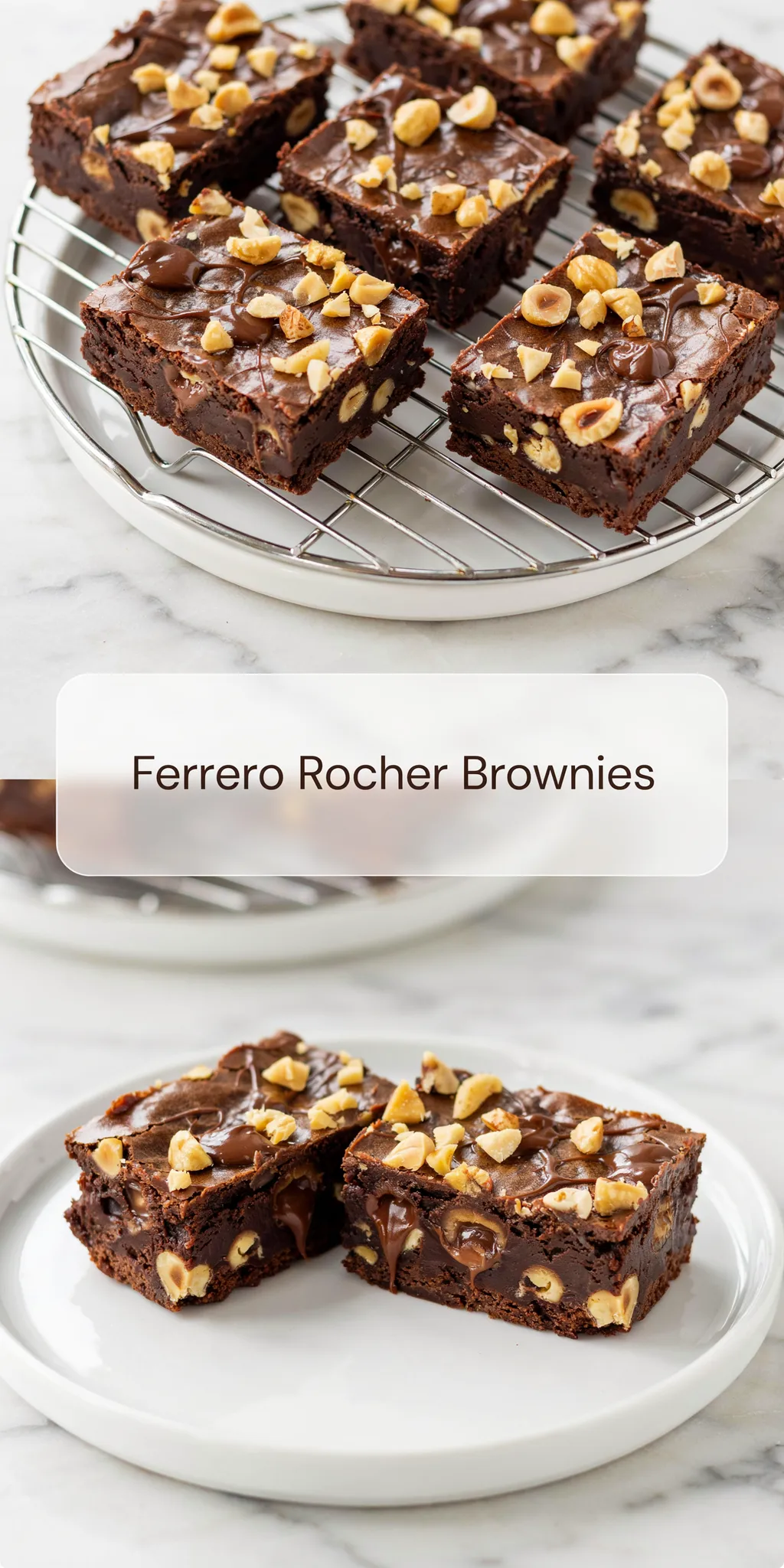 Collage of hazelnut brownies cooling on a wire rack with a shiny chocolate top, and two brownie squares on a white plate.