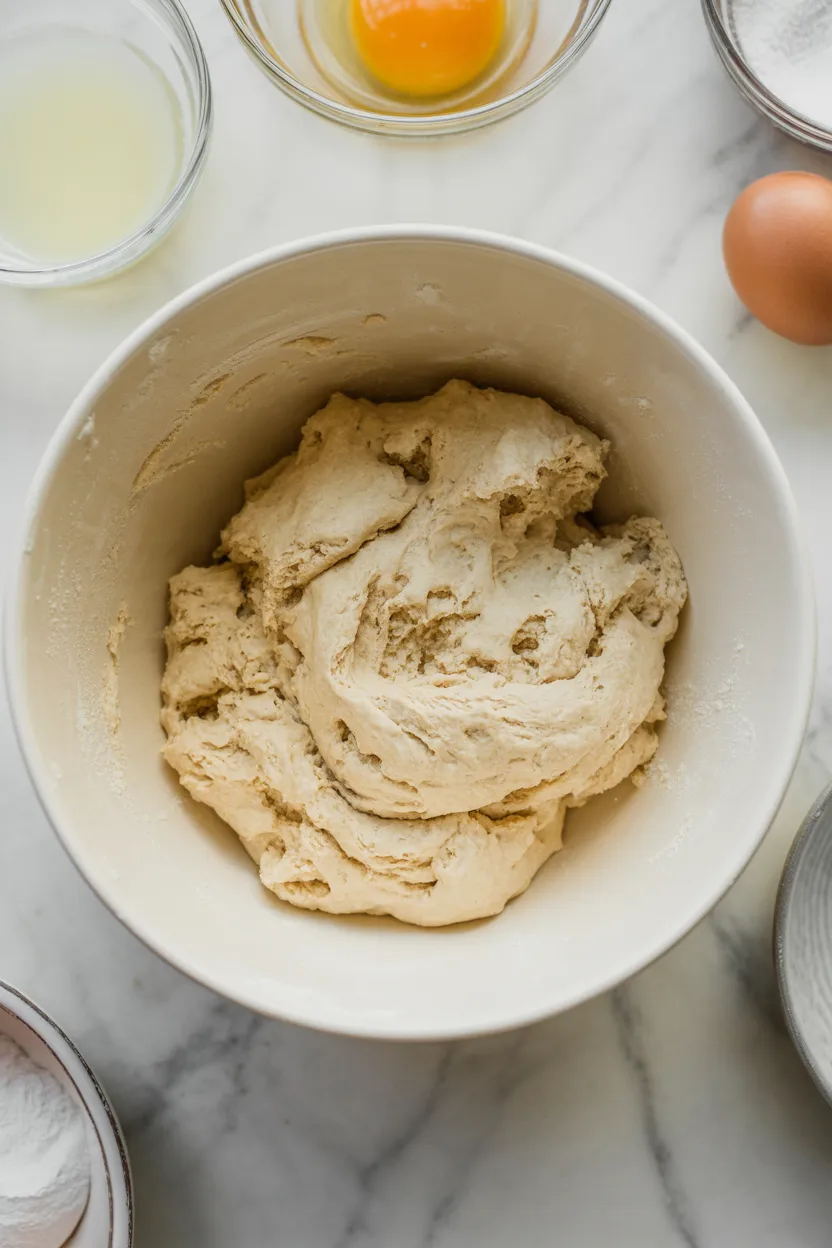 Shaggy buttermilk biscuit dough in a white mixing bowl, with a bowl of cracked egg and a cup of buttermilk on the marble beside it.