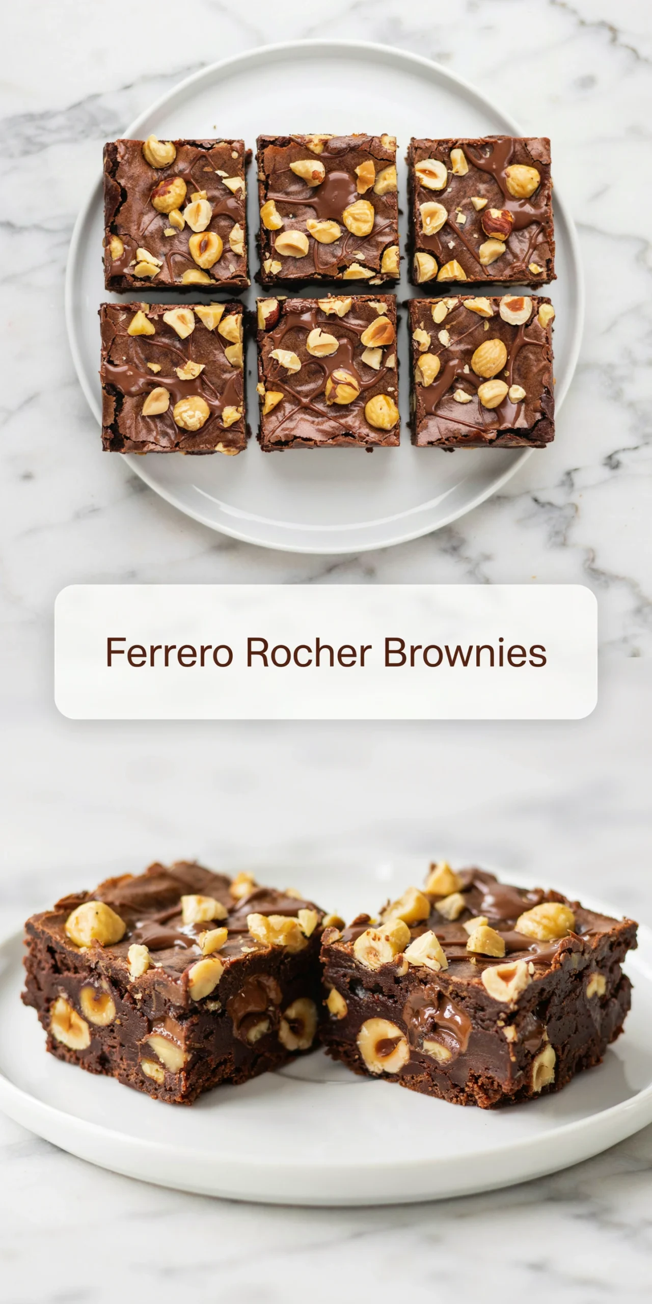 Collage of six Ferrero Rocher brownie squares on a white plate and two brownies cut open to show whole hazelnuts inside.