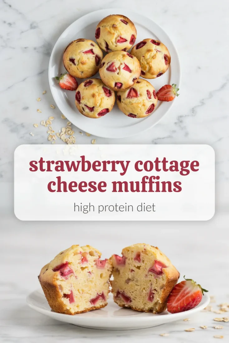 Strawberry cottage cheese muffins on a white plate with fresh strawberries and oats, above a muffin split open to show a soft crumb with pink berry pieces.