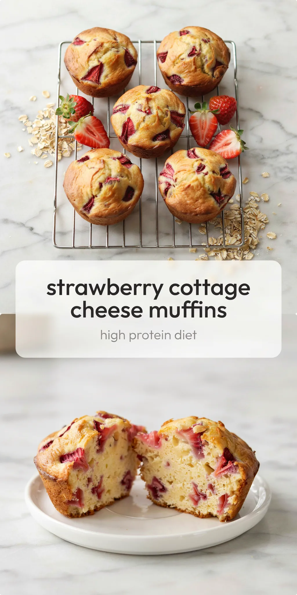 Collage of baked strawberry oat muffins cooling on a wire rack with whole berries and a muffin pulled in half to show strawberry pieces inside.