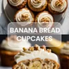 Banana bread cupcakes with swirls of cream cheese frosting and walnut halves on a tray, above a cut cupcake showing a soft crumb with banana pieces.
