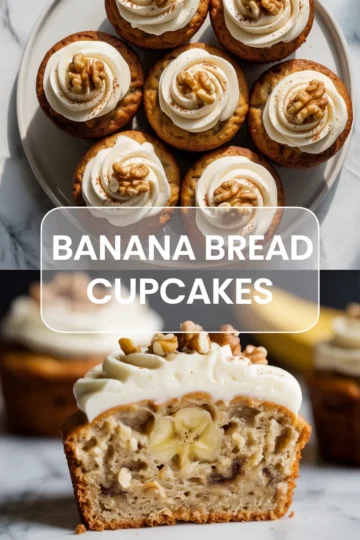 Banana bread cupcakes with swirls of cream cheese frosting and walnut halves on a tray, above a cut cupcake showing a soft crumb with banana pieces.