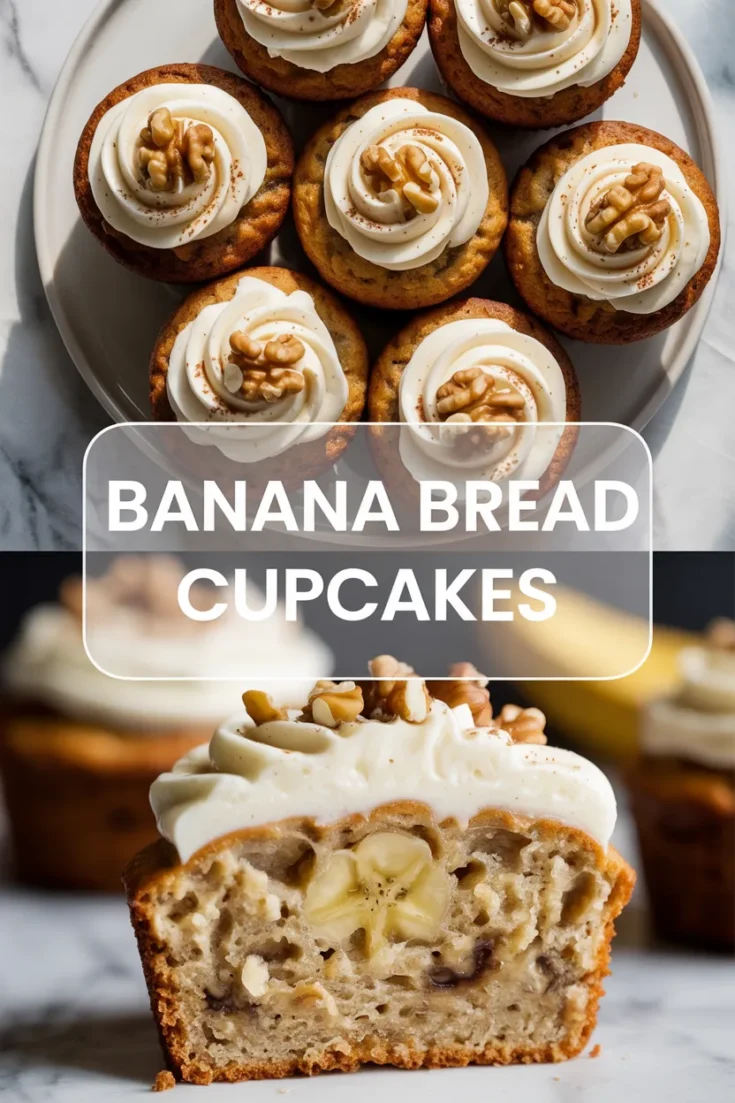 Banana bread cupcakes with swirls of cream cheese frosting and walnut halves on a tray, above a cut cupcake showing a soft crumb with banana pieces.