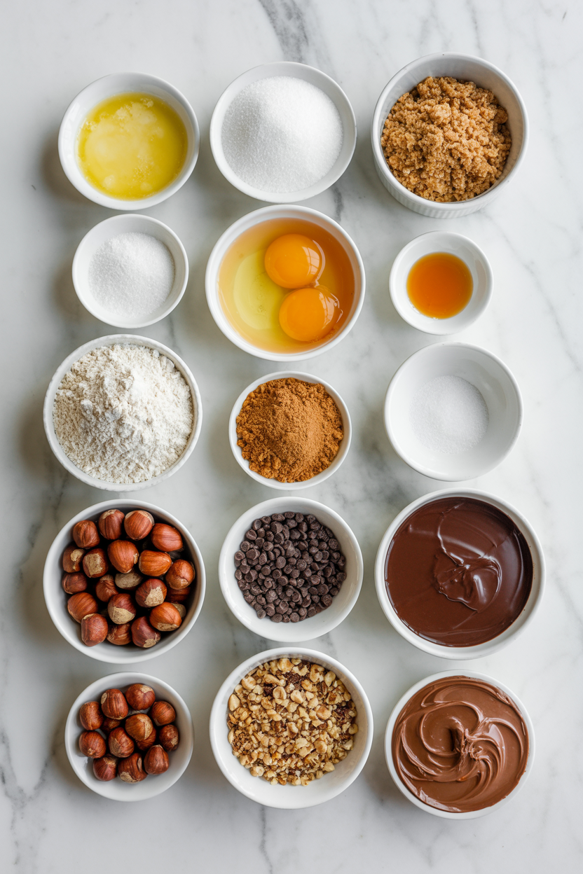 Ingredients for Ferrero Rocher brownies in small bowls: melted butter, sugars, eggs, vanilla, flour, cocoa, chocolate chips, hazelnuts and hazelnut spread.